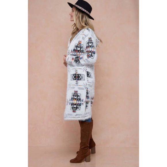 Aztec Rainbow Boho Cowichan Jacquard Eyelash Fuzzy Cardigan Knit Sweater - Picture 3 of 6